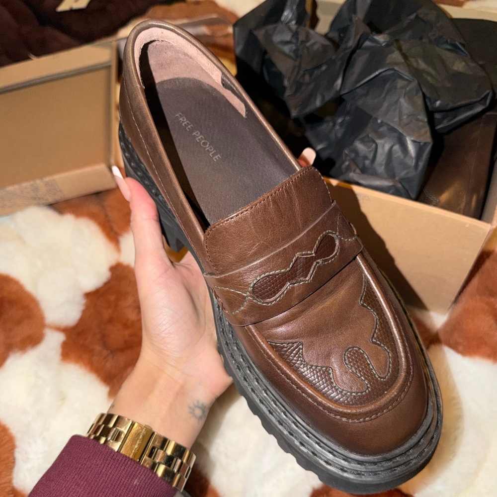 Free People Brown Leather Chunky Loafers